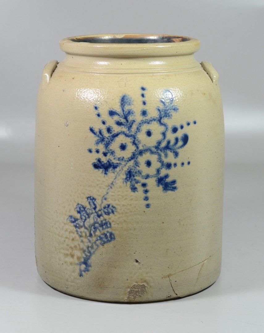 4 gallon blue floral decorated stoneware jar, no maker, (1 of 6)