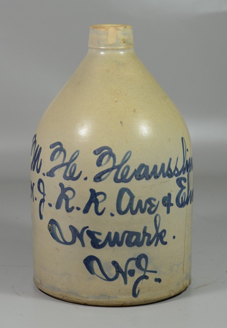 2 gallon blue script stoneware store jug,  W H (1 of 3)