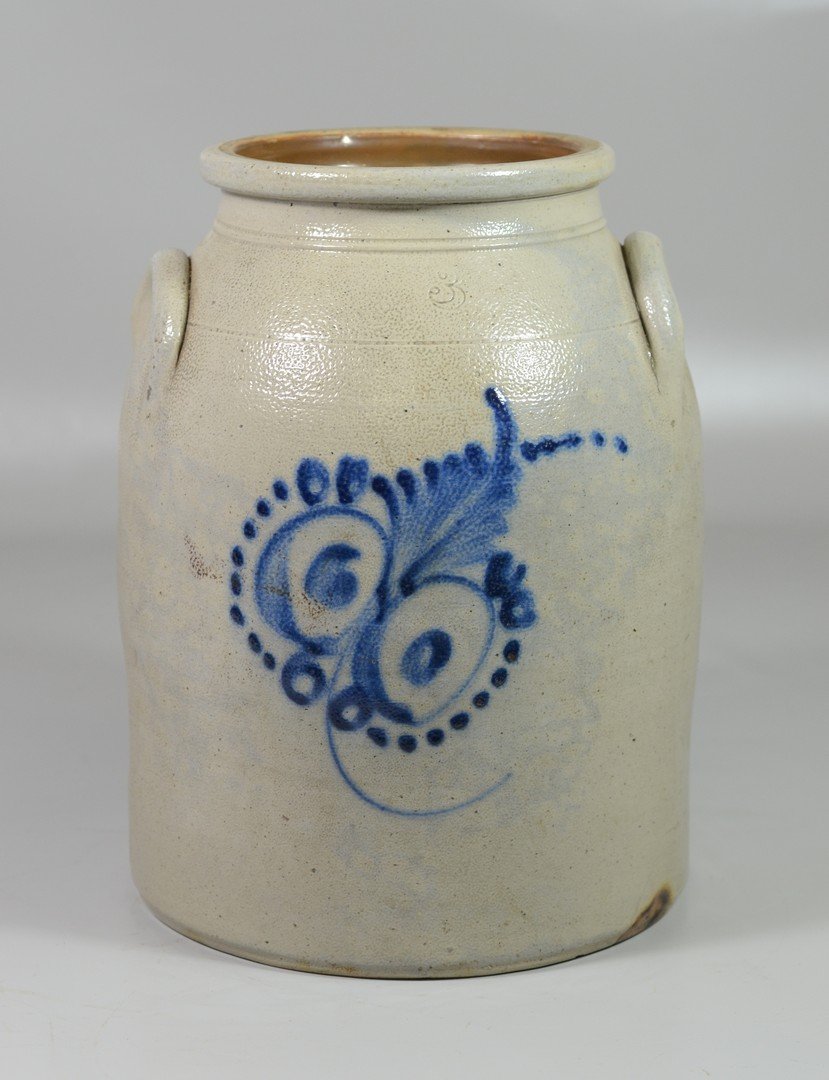 3 gallon blue decorated stoneware crock, unsigned 13" (1 of 2)