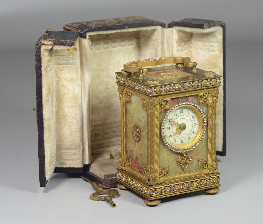 French carriage clock, all panels set with green onyx, (1 of 10)