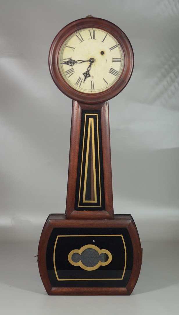 Howard style mahogany weight driven banjo wall clock, (1 of 3)