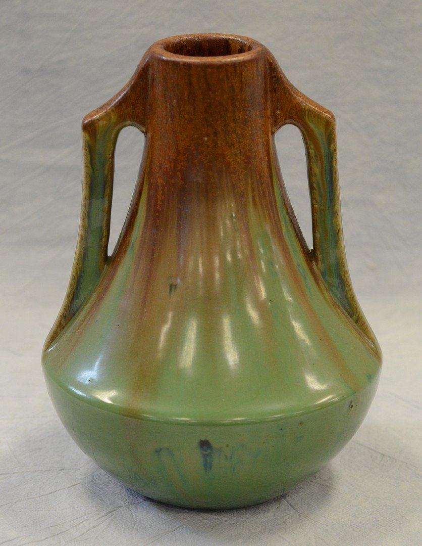 Fulper Pottery green & brown double handled vase, some (1 of 4)