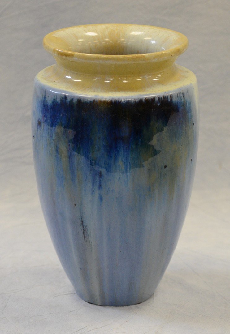 Fulper Pottery blue & tan large bullet vase, 10" h x (1 of 3)