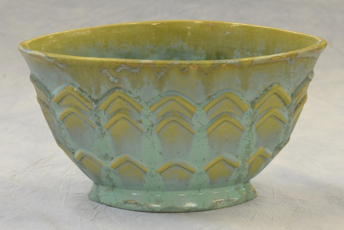 Fulper blue & green zig-zag vase, 5-5/8" h x 10" w x (1 of 3)