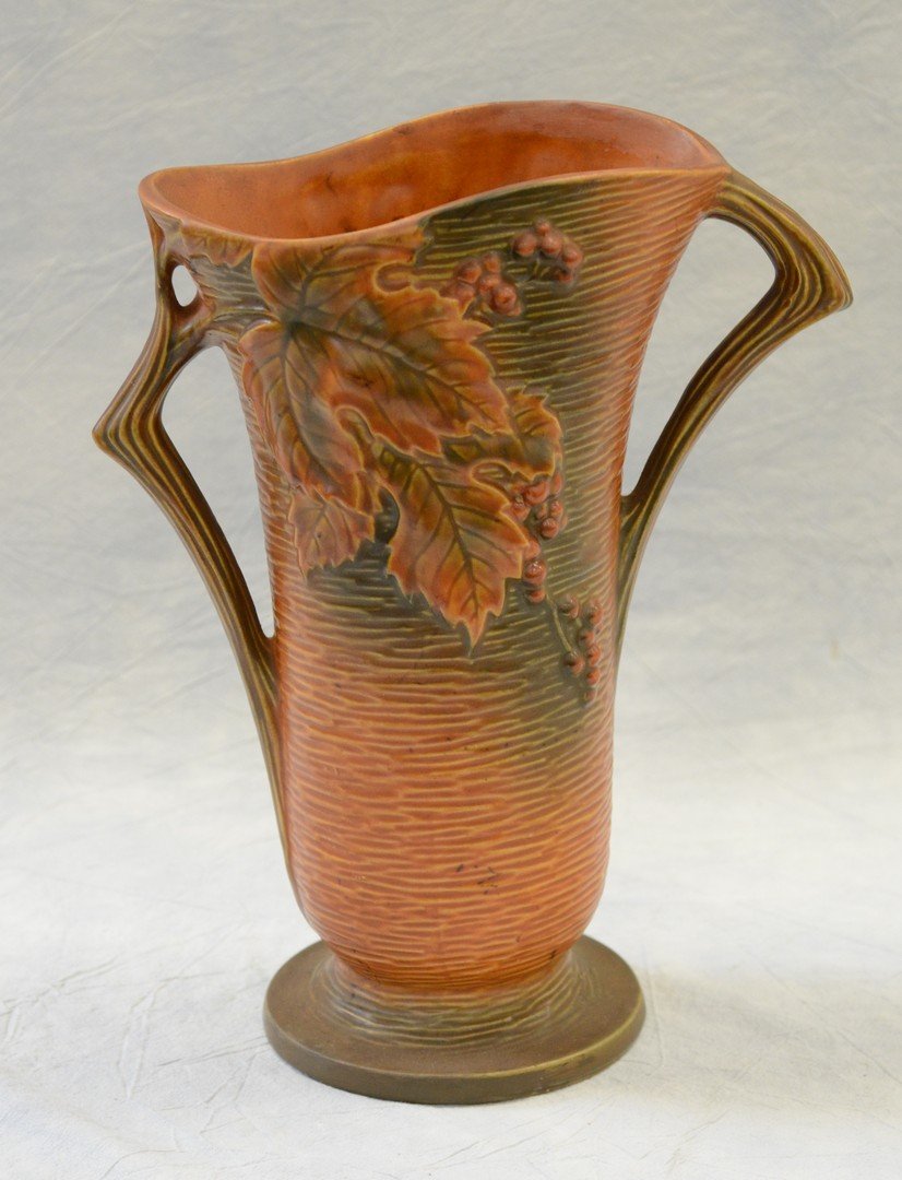 Roseville rust & green bushberry double handled vase, (1 of 3)