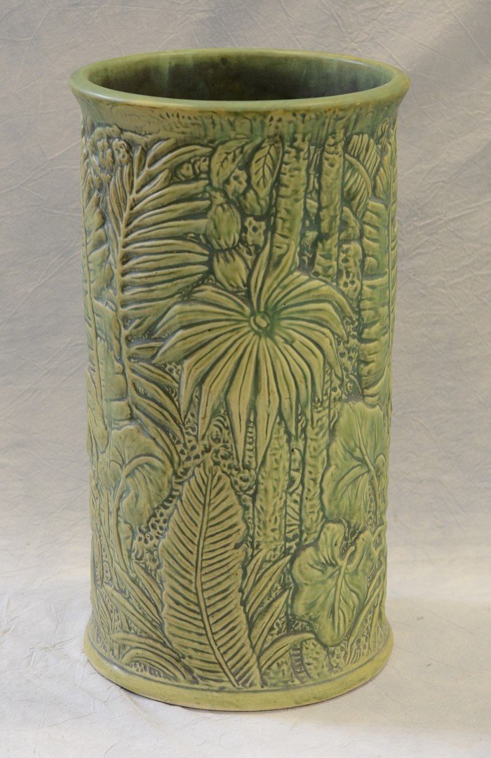 Weller Pottery Marve green umbrella stand, tiny firing: Weller Pottery Marve green umbrella stand, tiny firing kiss in the making, 19" h x 10-3/4" dia