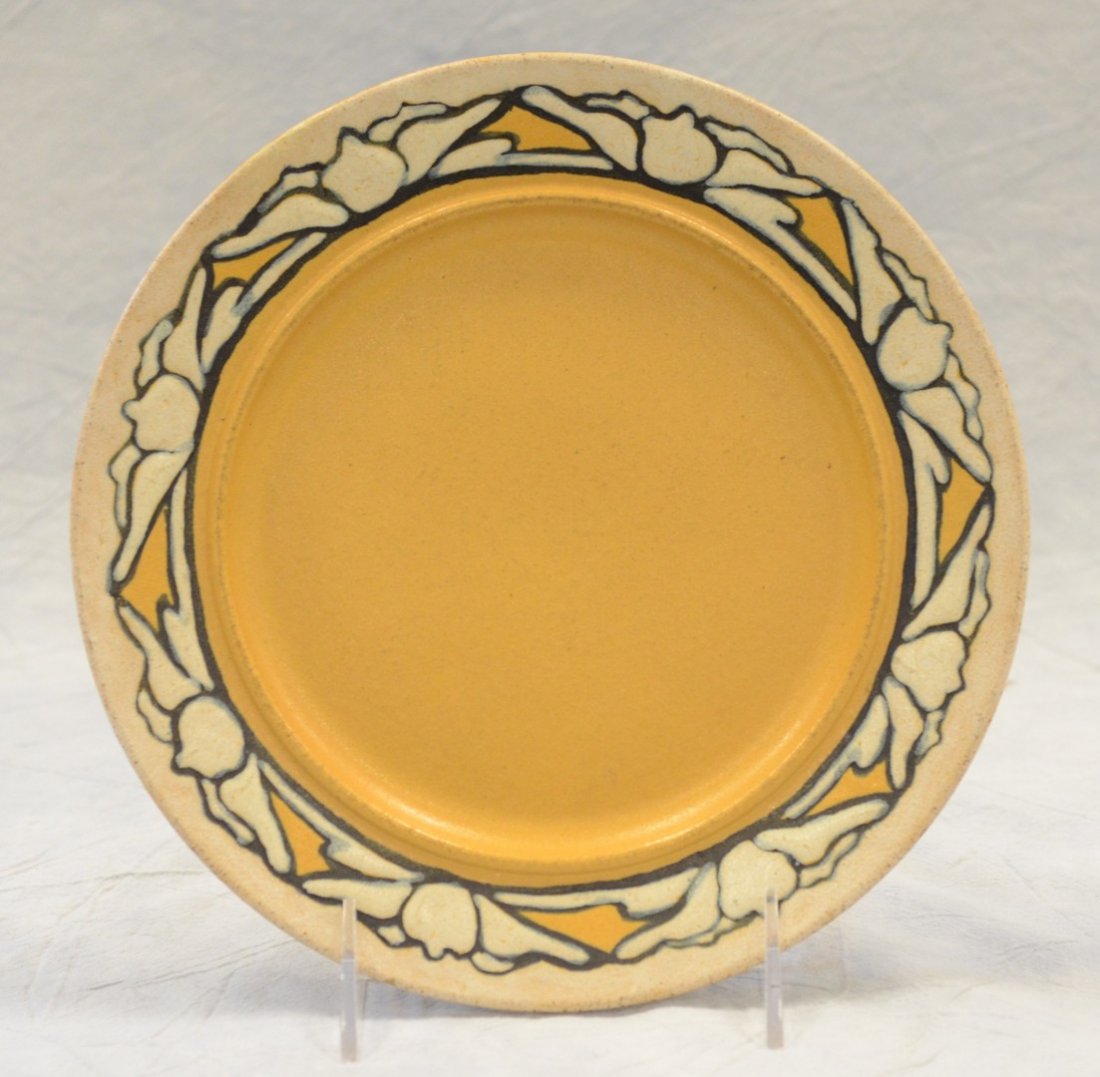 Saturday Evening Girls plate, SEG 923, incised: Saturday Evening Girls plate, SEG 923, incised decorated, 8-1/2" dia, plate has been professionally repaired & sounds "cracked" when tapped