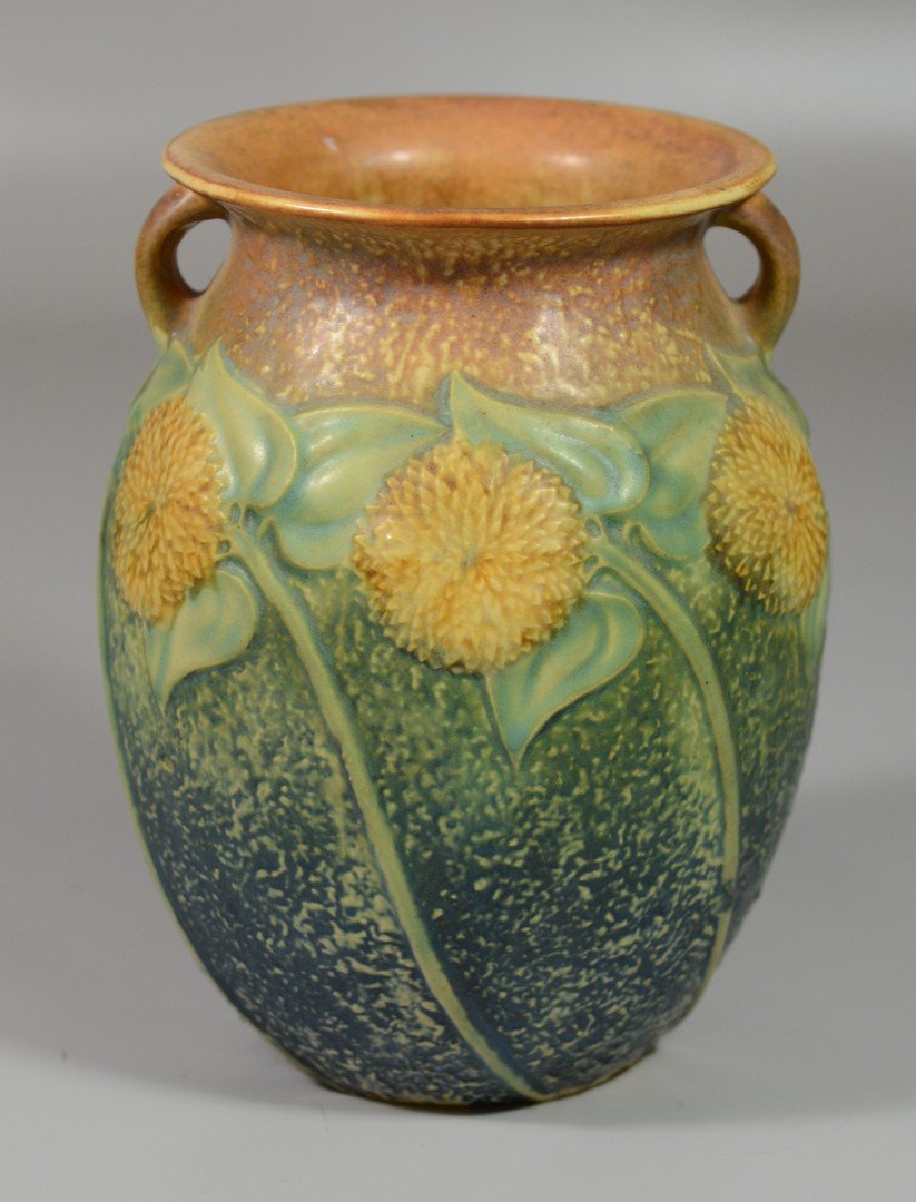 Roseville Sunflower handled vase, 8 1/4" tall, (1 of 3)