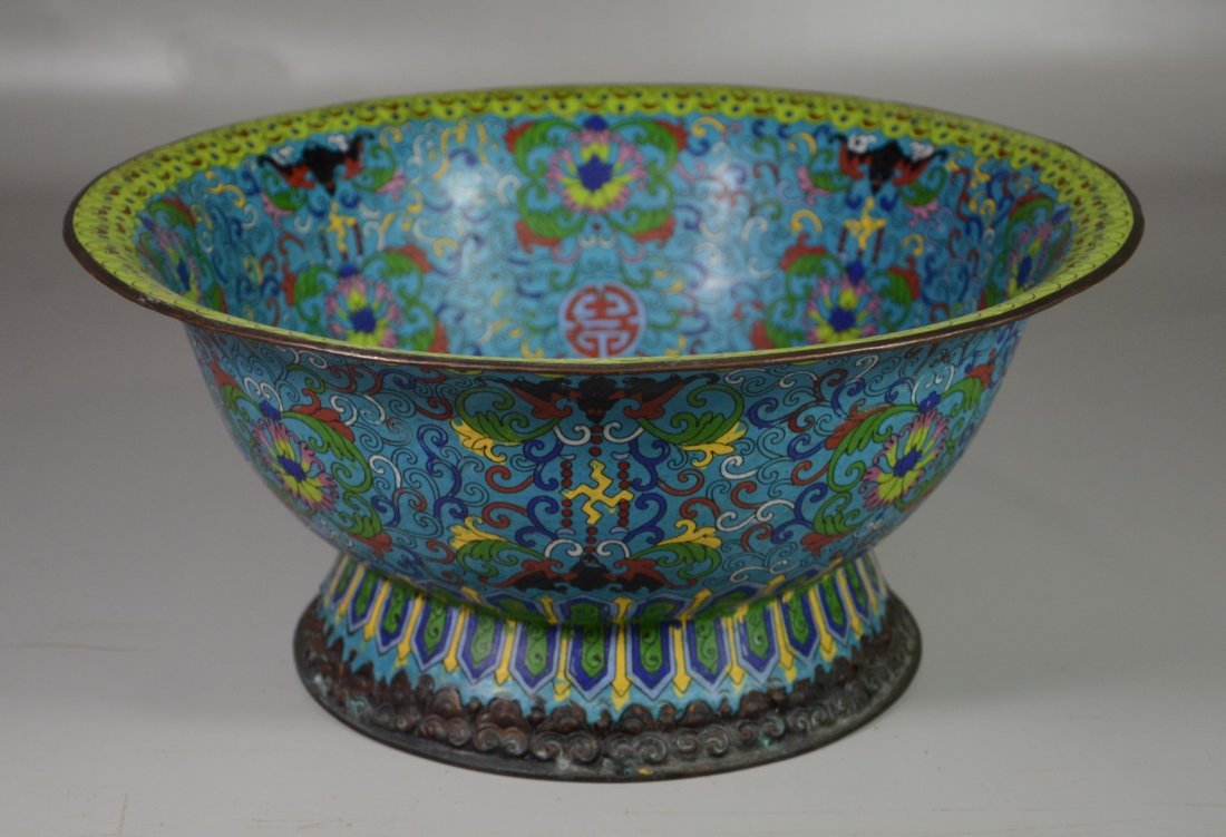 Large Chinese cloisonne footed bowl, 7-1/4" h x 15-3/8" (1 of 7)