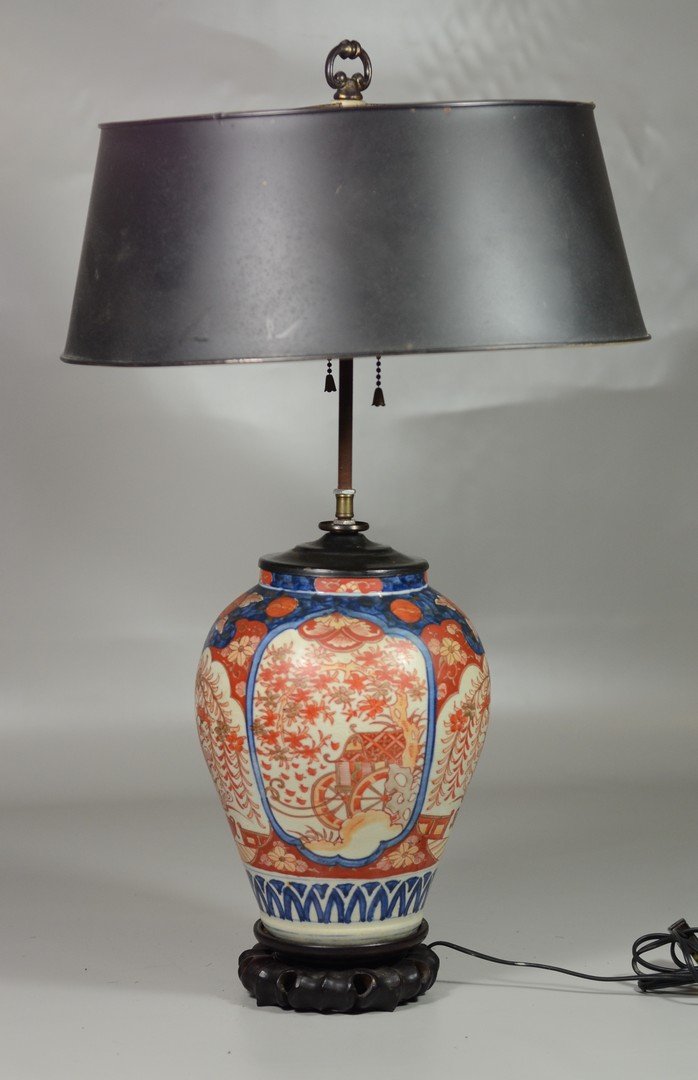 Japanese Imari porcelain vase, drilled for lamp, tole: Japanese Imari porcelain vase, drilled for lamp, tole shade, vase 10" h, overall 25-1/2"