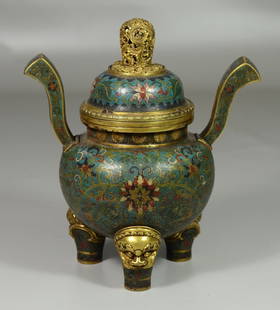 Chinese Cloisonné Censer, gilt bronze finial, gilt bron: Chinese Cloisonné Censer, gilt bronze finial, gilt bronze lion feet, both handles loose, 10" h