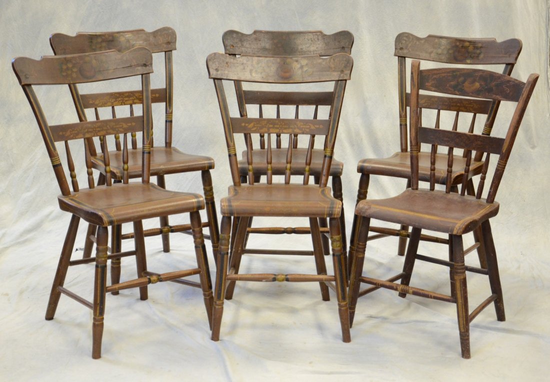 6 paint decorated 1/2 spindle plank seat chairs, 32" h, (1 of 2)