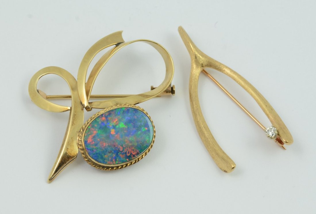 10K YG opal pin, 2" h, 4.4 dwt, with an unmarked 14K YG (1 of 2)