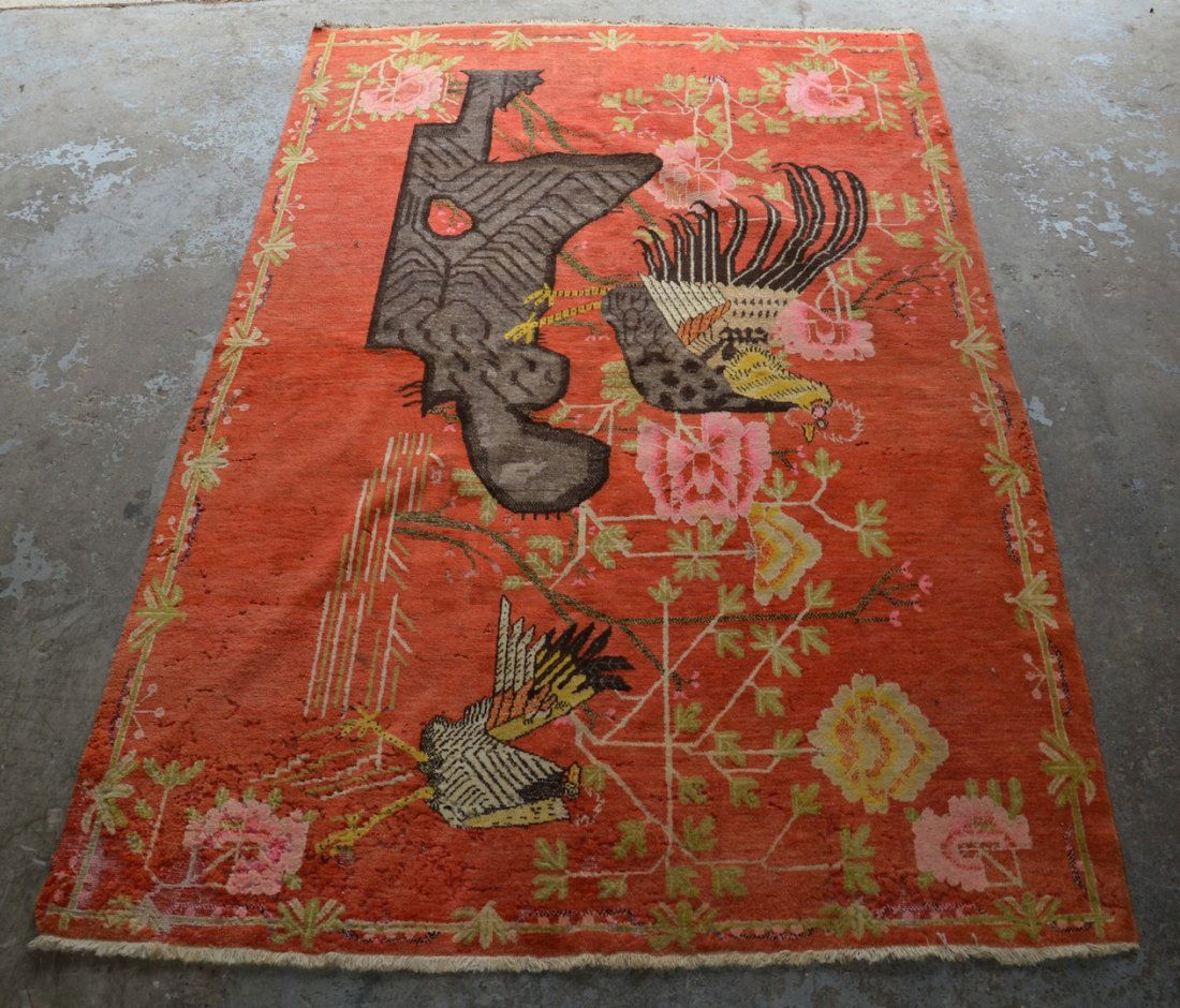 6'2" x 9'6" Pictorial Chinese carpet, moth damage (1 of 5)