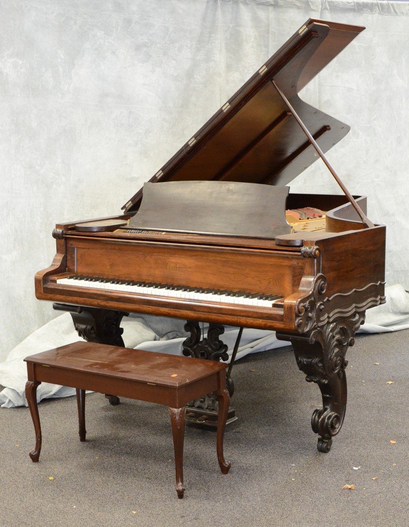 Weber rosewood Victorian concert grand piano, 87 1/2": Weber rosewood Victorian concert grand piano, 87 1/2" long, 59" wide, case refinished, back 40" of lid is sun bleached, SN 13381, c 1900. Recondiitoned and refinsihed and sold by Cunningham Piano Co, 