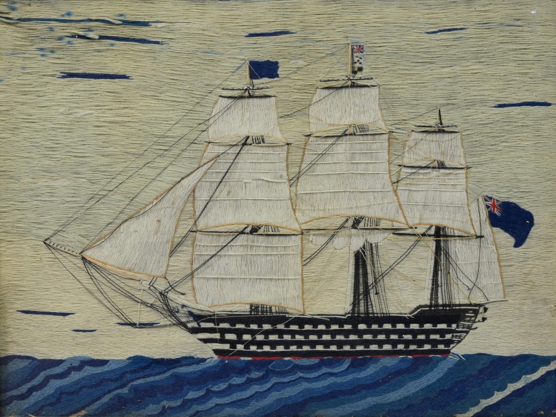 19th Century British Woolie, ship with flag, in burl: 19th Century British Woolie, ship with flag, in burl wood frame, 16 1/2" x 21 1/2" sight, 22 1/4" x 27 1/4" overall