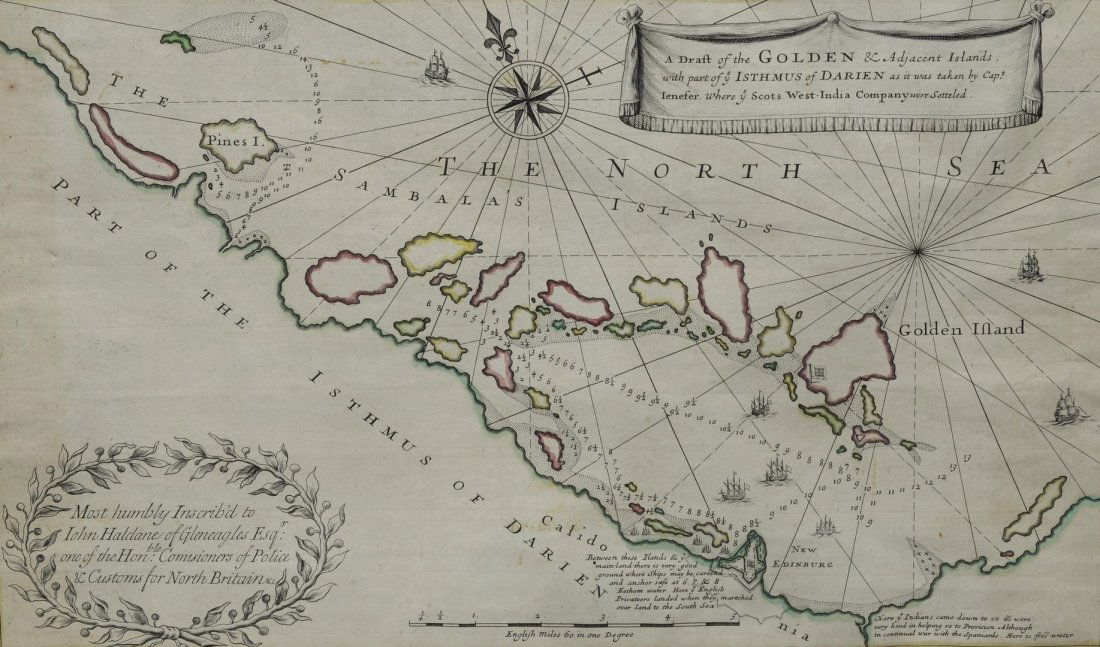 John Senex (British, 1678-1740 ), hand colored map, "A: John Senex (British, 1678-1740 ), hand colored map, "A Draft of the Golden & Adjacent Islands with Part of the Isthmus of Darien", published Daniel Browne, London: 1721, 11 1/4" x 18 3/4" sight, 22" x
