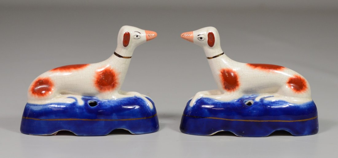 Pair Staffordshire reclining greyhound inkwells, 5" l, (1 of 1)