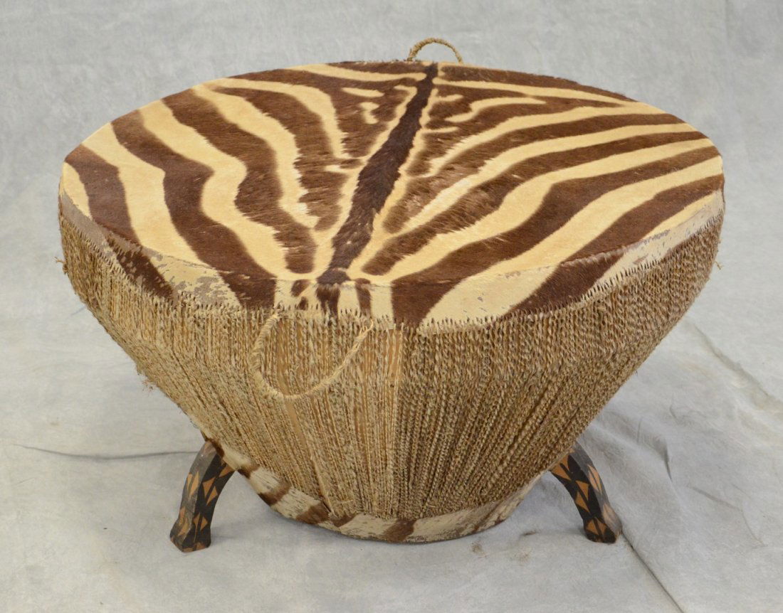 African Zebra skin kettle drum with natural cording and (1 of 2)