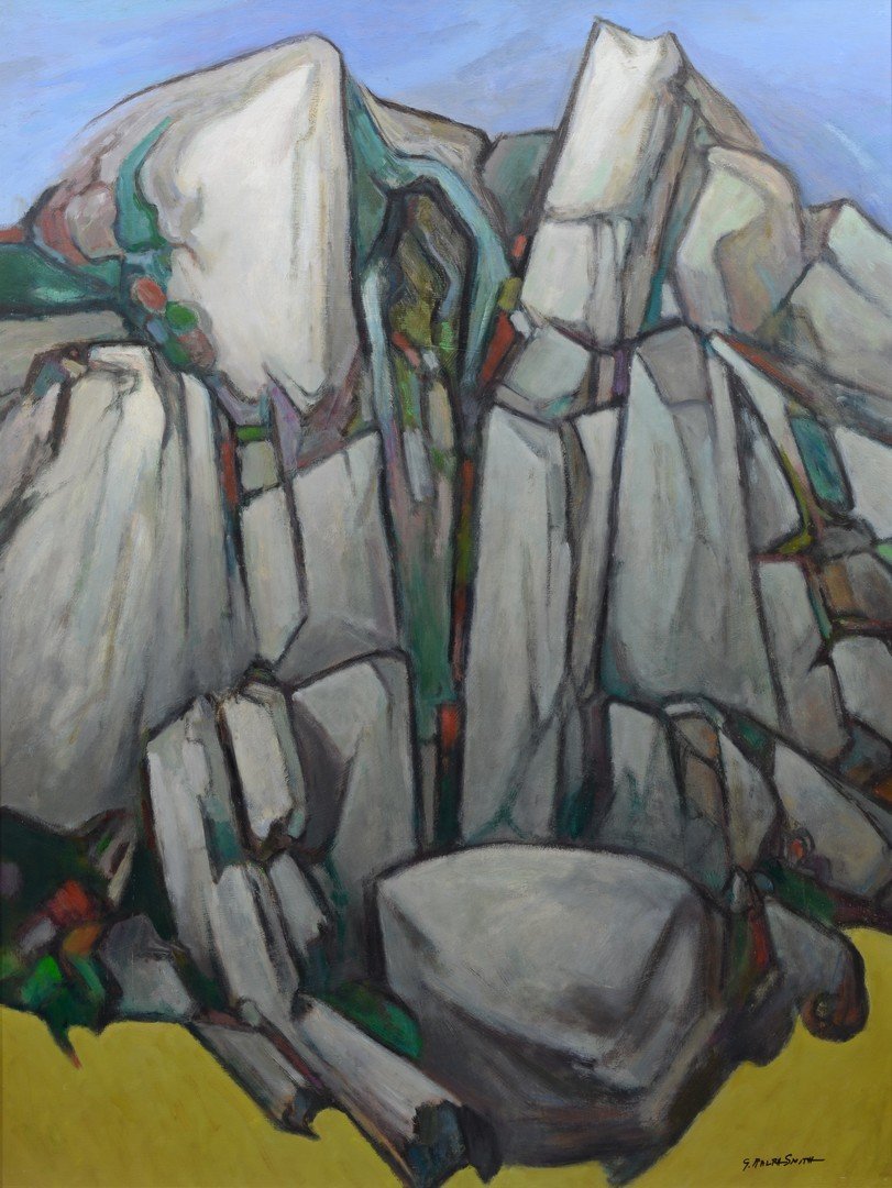 G Ralph Smith (American, PA, 1907-2007), oil on board,: G Ralph Smith (American, PA, 1907-2007), oil on board, Rock Cliffs, signed lower right, 40 1/2" x 30 1/2" stretcher, 41 1/2" x 31 1/2" overall