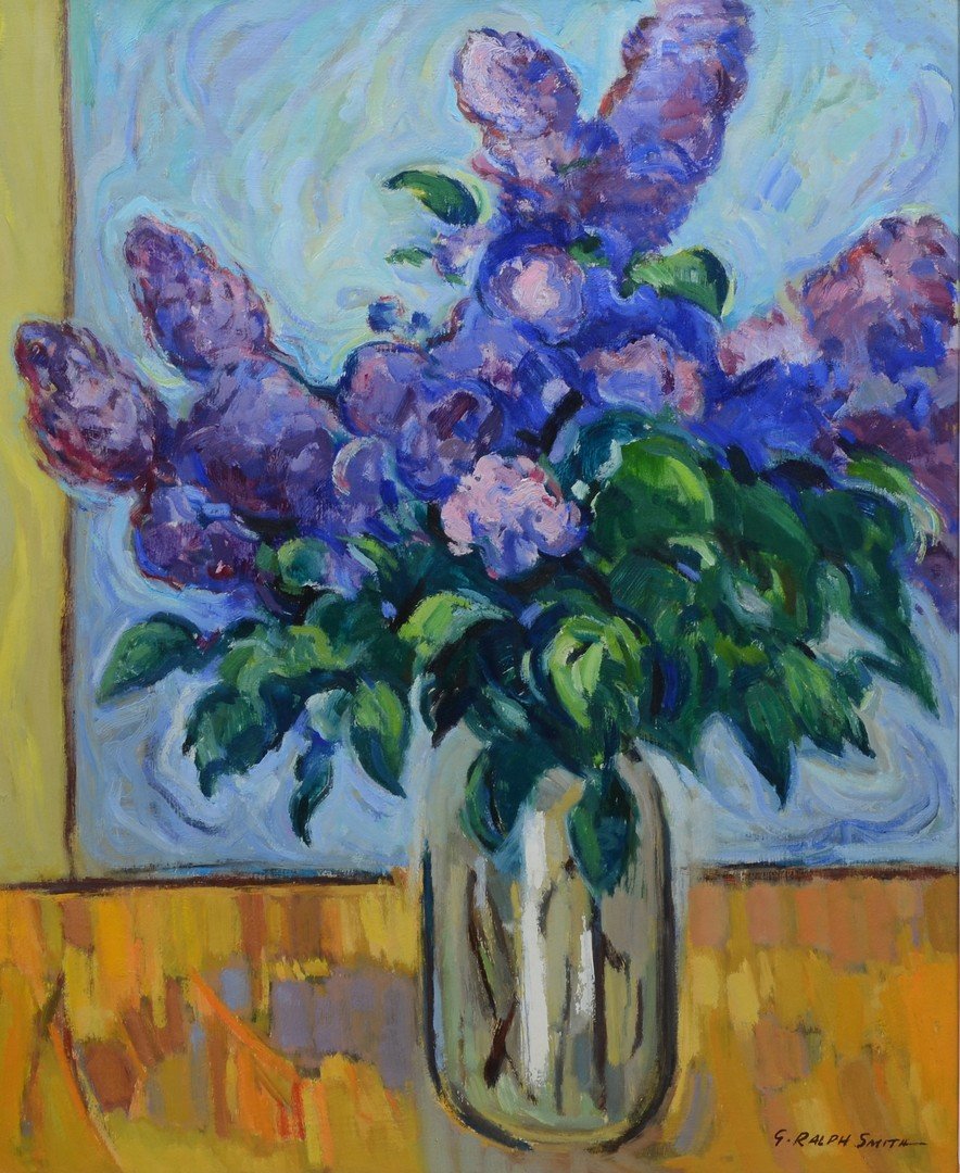 G Ralph Smith (American, PA, 1907-2007), oil on: G Ralph Smith (American, PA, 1907-2007), oil on masonite, Lilacs, signed lower right, 24" x 20" board, 31" x 27" overall, in custom frame by the artist