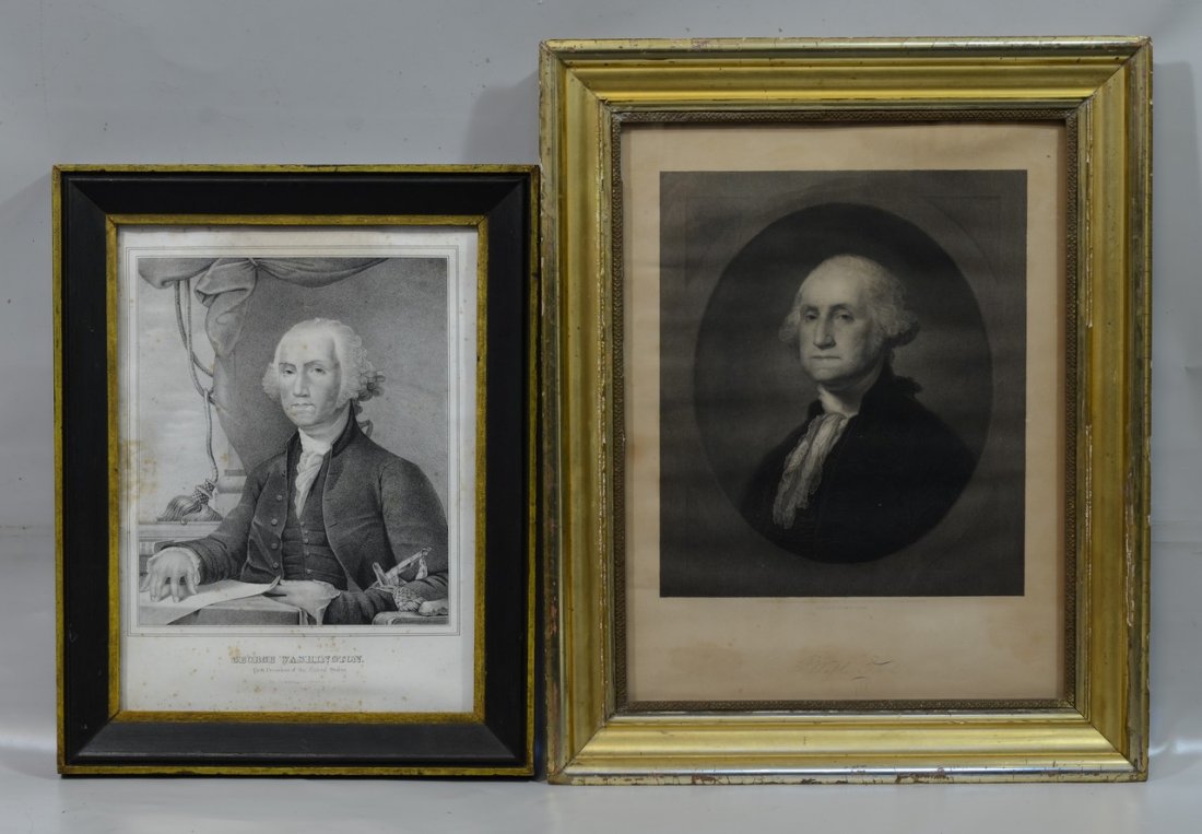 (2) George Washington prints: William E Marshall: (2) George Washington prints: William E Marshall (American, 1837-1906), engraving, After Gilbert Stuart, 18" x 13 1/2" sight, 23" x 18 1/2" overall; lithograph, printed by D. W. Kellogg & Co, 15" x 11