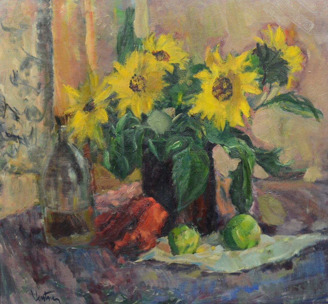 Mogens Vantore (Danish, 1895-19770 , oil on canvas,: Mogens Vantore (Danish, 1895-19770 , oil on canvas, Still Life with Sunflowers, signed lower left, 30" x 32 1/2" stretcher, 34" x 36 1/4" overall,canvas is loose and slightly bumpy lower right corner;