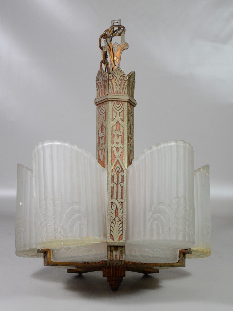 Frosted glass art deco hanging light fixture, damage to (1 of 3)