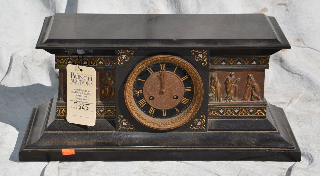 Black marble mantle clock with female figurines and (1 of 3)