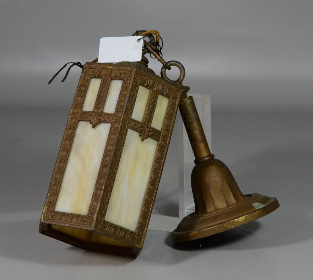 Hexagonal caramel slag glass hanging light, fixture, (1 of 1)