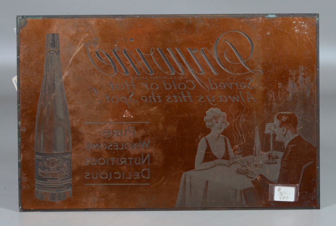 Engraved copper printing plate, advertisement for "Dry: Engraved copper printing plate, advertisement for "Dry wine, Served Hot or Cold, Always Hits the Spot / Pure, Wholesome, Nutritious, Delicious" , 8 3/4" x 13"