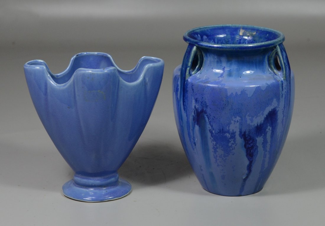 2 Pieces blue art pottery, Fulper 3-handled 7" vase, 6" (1 of 1)