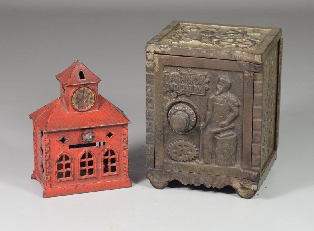 (2) Cast iron still banks, The Bank of Industry, nickel (1 of 2)