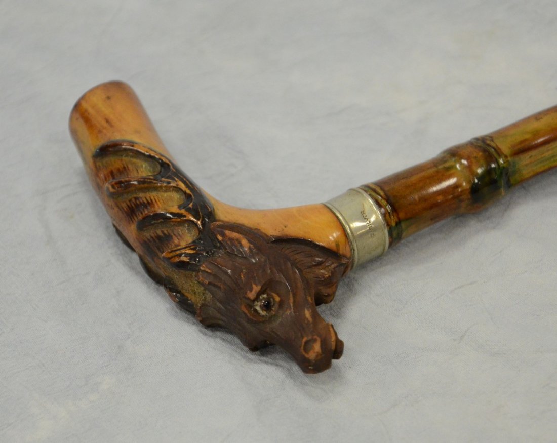 Black Forest deer head carved L-handle walking stick, (1 of 2)
