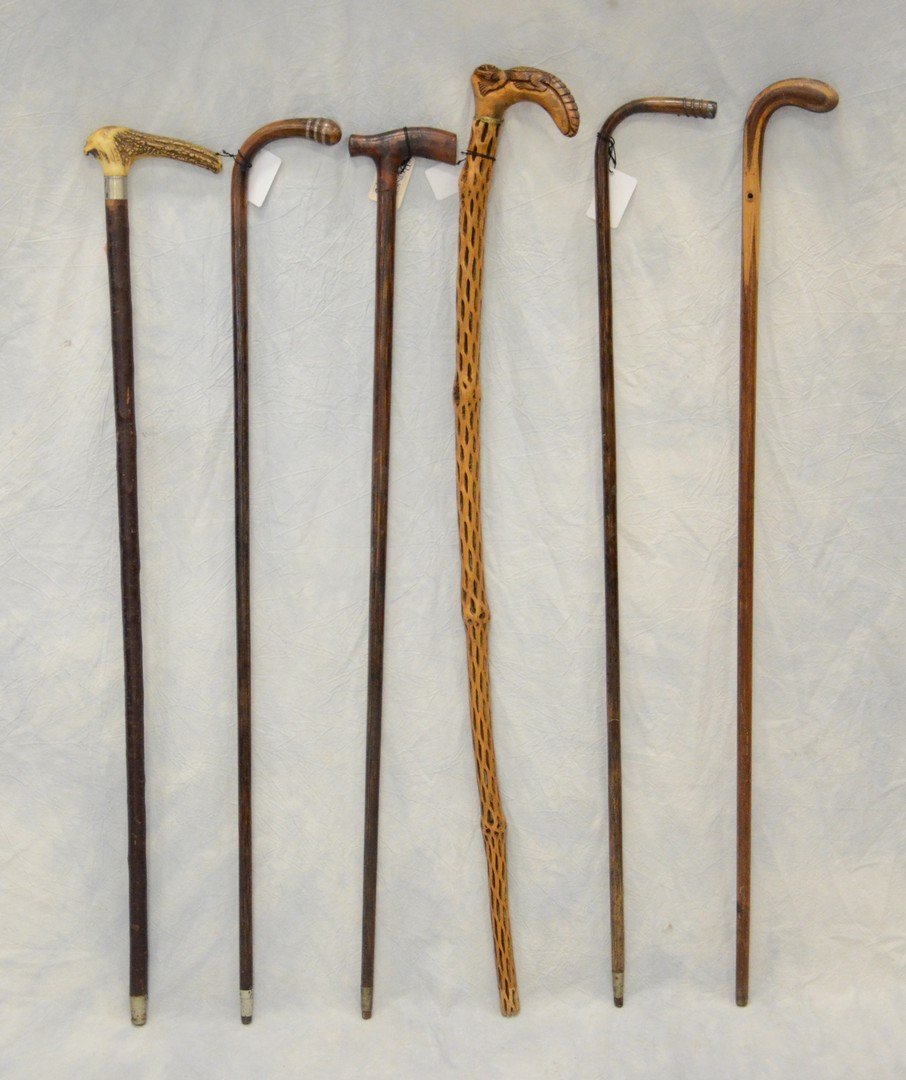 (6) L-handle walking sticks, one with alligator (1 of 2)