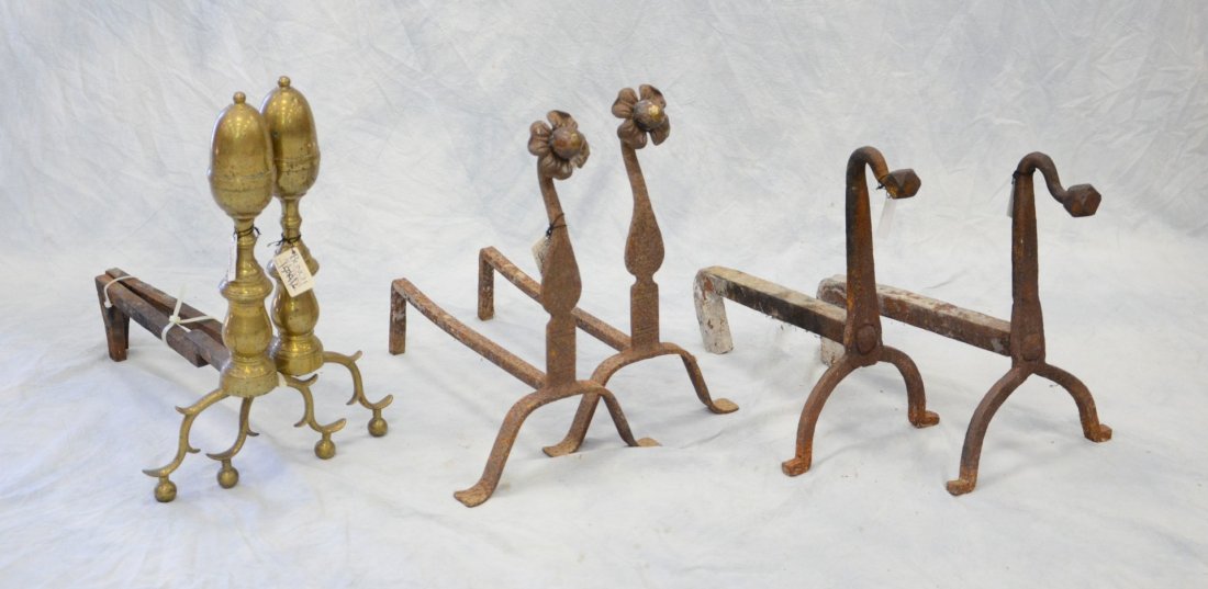 3 Pair of wrought iron andirons, one pair with hammered (1 of 2)