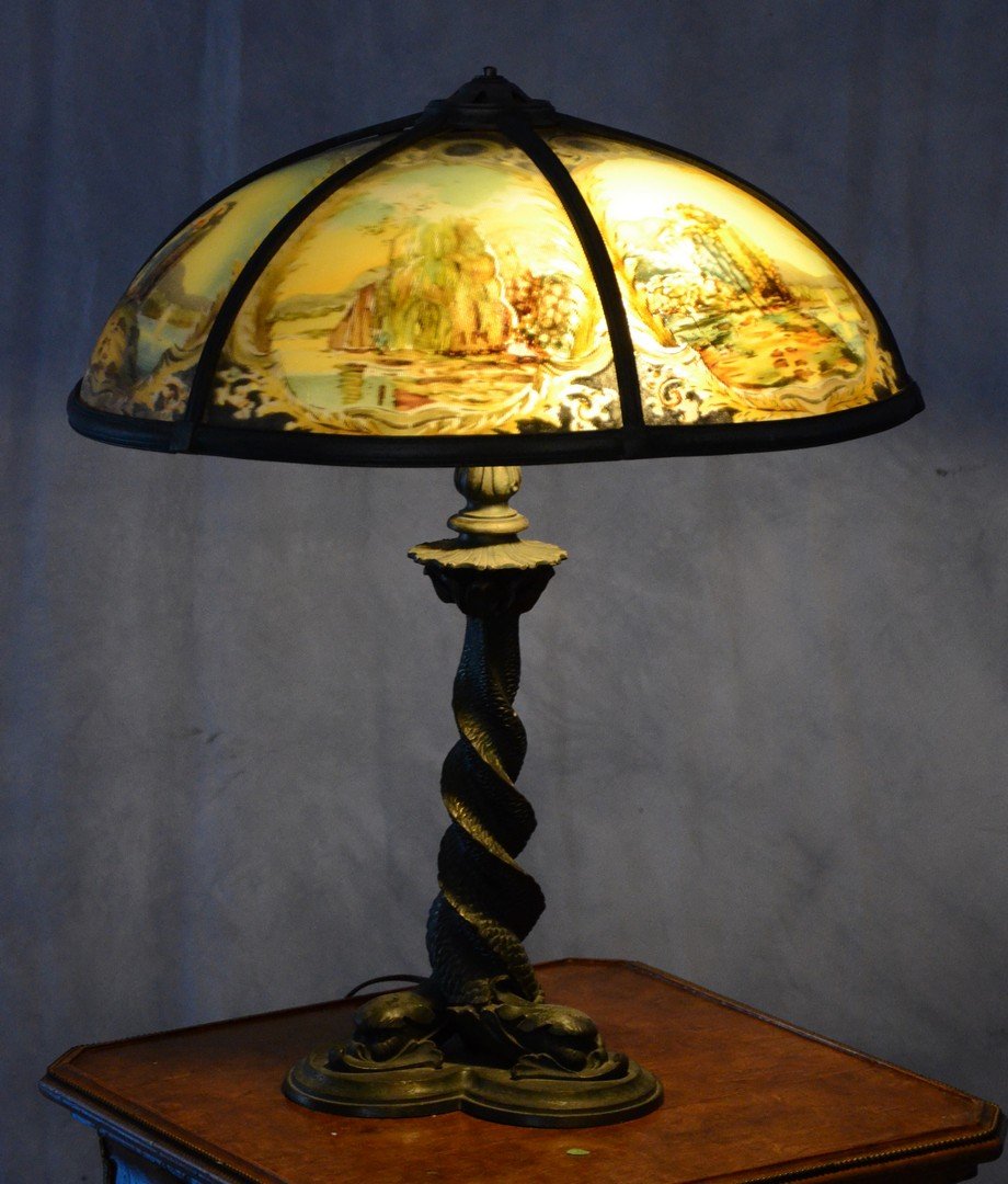 Bradley and Hubbard reverse painted table lamp, 6 panel (1 of 4)