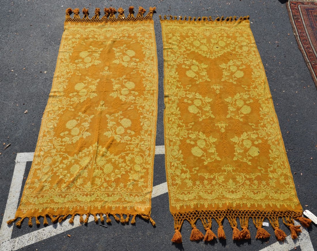 Pair of gold table throws, 3'9" x 8'8": Pair of gold table throws, 3'9" x 8'8"