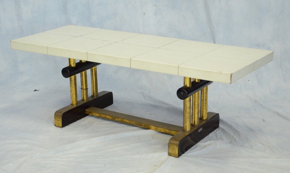 Fischel leather top coffee table with wood and brass (1 of 3)
