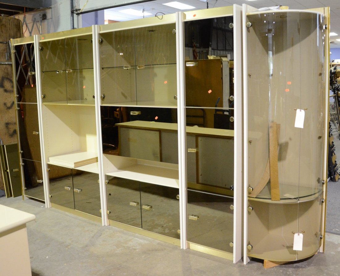 5-Piece sectional smoked glass & laminated wood: 5-Piece sectional smoked glass & laminated wood mid-century design display cabinet/bar, 140" long x 80-1/4" h