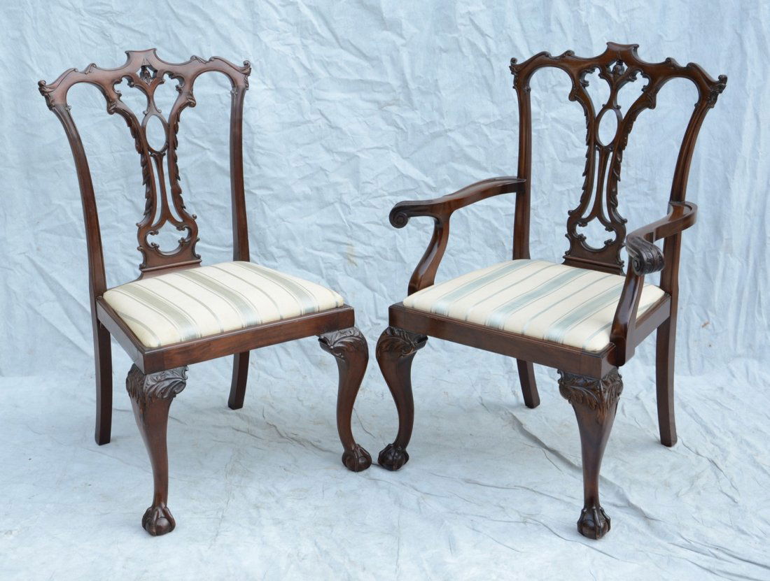 Set of 8 reproduction Chippendale chairs with beige and (1 of 1)
