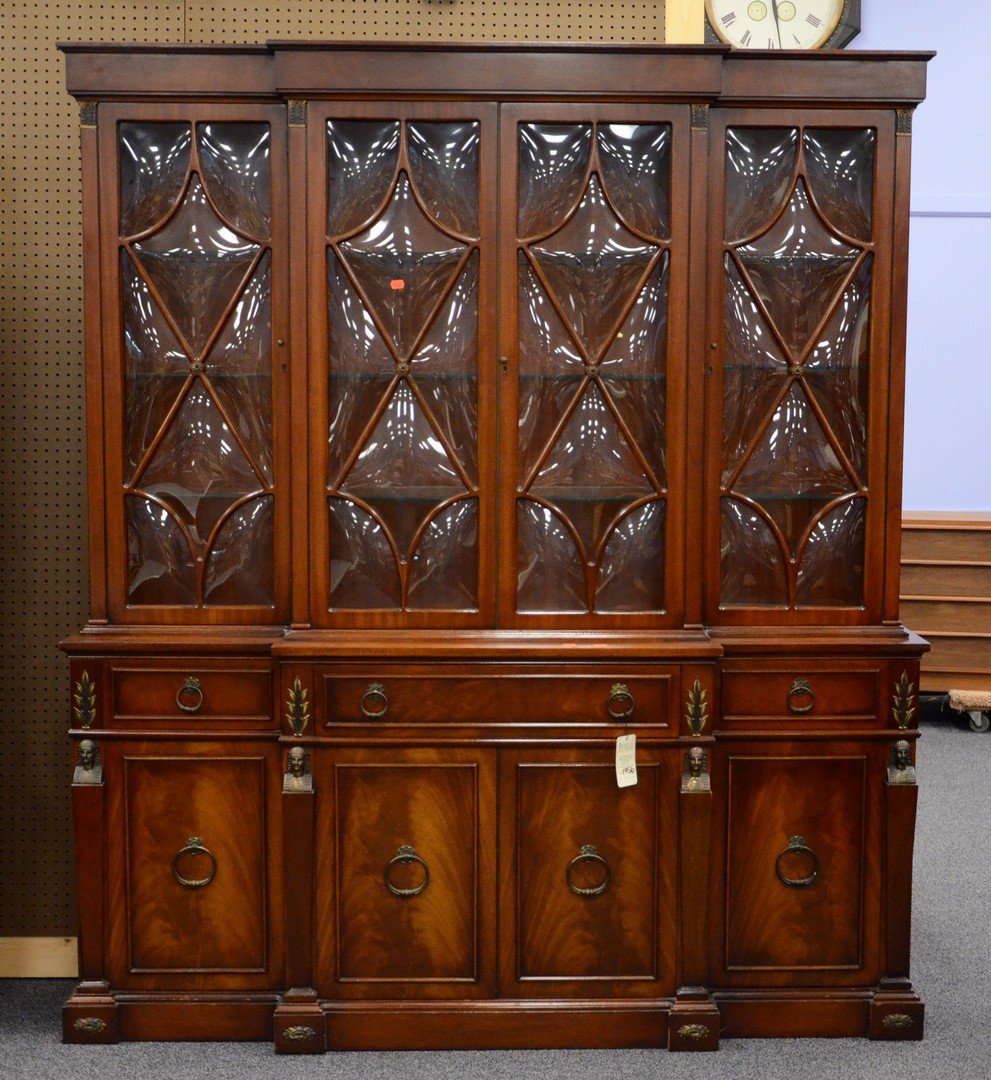 Mahogany Egyptian Revival crown glass breakfront, in 2 (1 of 5)