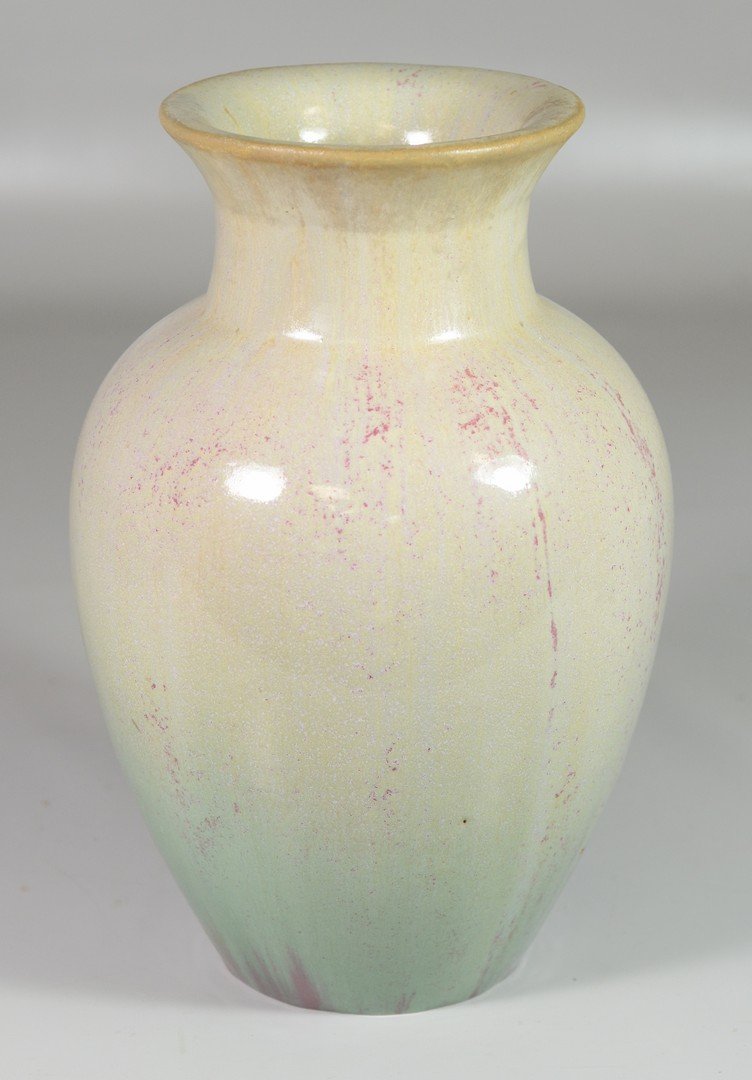 Large Fulper vase, pale green & purple glaze, 11-3/4" h (1 of 2)