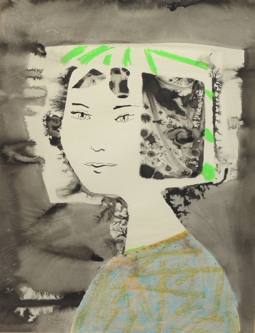 Tiaguero (20th Century), watercolor, ink, and crayon,: Tiaguero (20th Century), watercolor, ink, and crayon, Portrait of Young Girl, signed lower left, inscribed "Paris", 24" x 18 3/4" sight, 38 3/4" x 33" overall