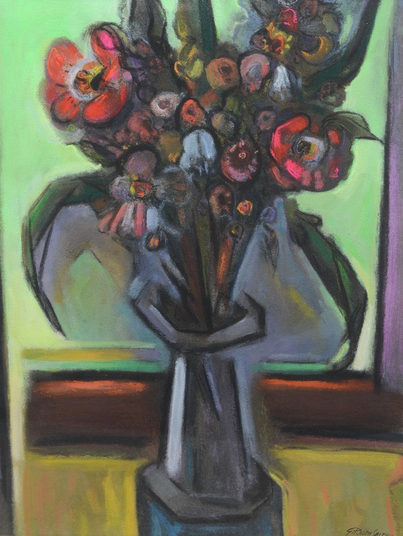 G Ralph Smith (American, PA, 1907-2007), pastel on: G Ralph Smith (American, PA, 1907-2007), pastel on paper, Flowers in Vase, signed lower right, 21 1/4" x 16" sight, 28 3/4" x 23 3/4" overall