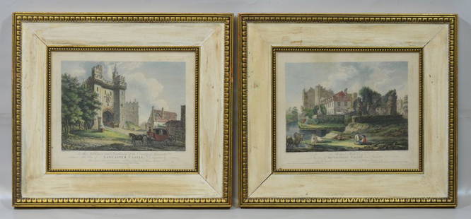(2) William Byrne, After Thomas Hearne, colored: (2) William Byrne, After Thomas Hearne, colored engraving, from "Antiquities of Great Britain", Beverstone Castle (plate 4) and Lancaster Castle (plate 8), 9" x 10-5/8" plate, 15-1/2" x 17-1/2" overal