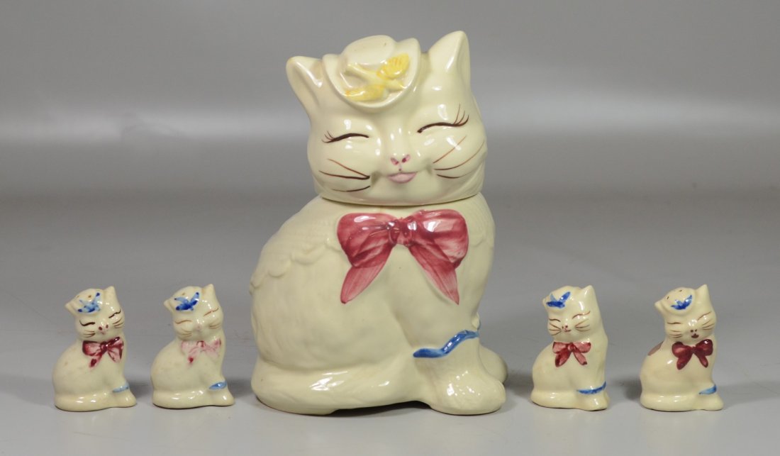 Shawnee Puss n Boots cookie jar, 10" tall, and 2 sets: Shawnee Puss n Boots cookie jar, 10" tall, and 2 sets of shakers, one with paper label, 3 1/2" tall, hairline to head of jar