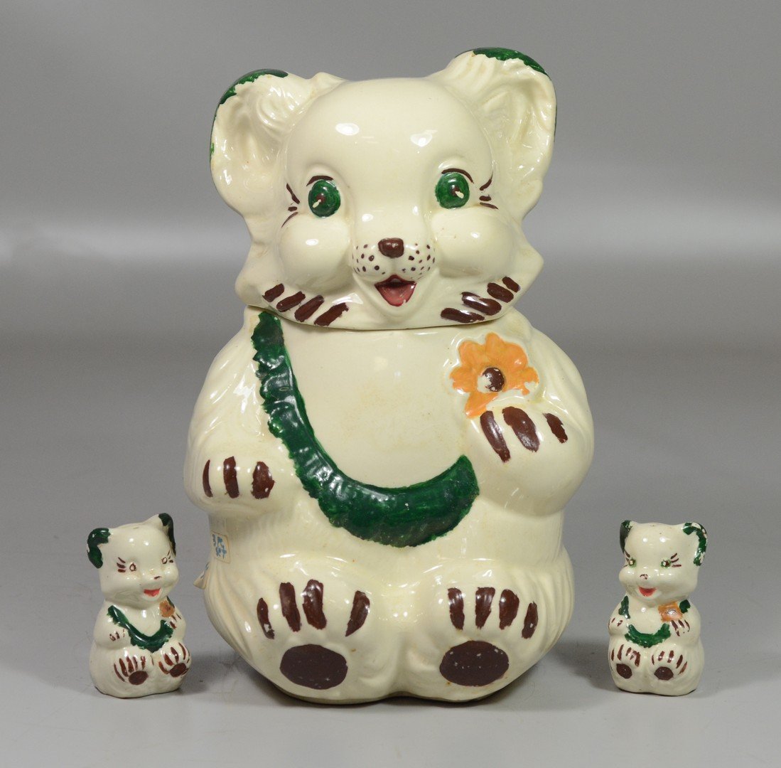 Royal Ware Bear cookie jar, 11 1/2" tall with pair of: Royal Ware Bear cookie jar, 11 1/2" tall with pair of shakers, 3" tall, crazing