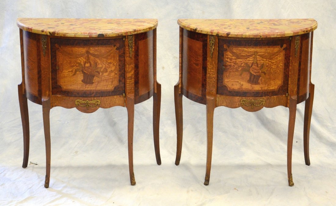 Pair of Louis XV Style Marble top and Inlaid Demilune (1 of 3)