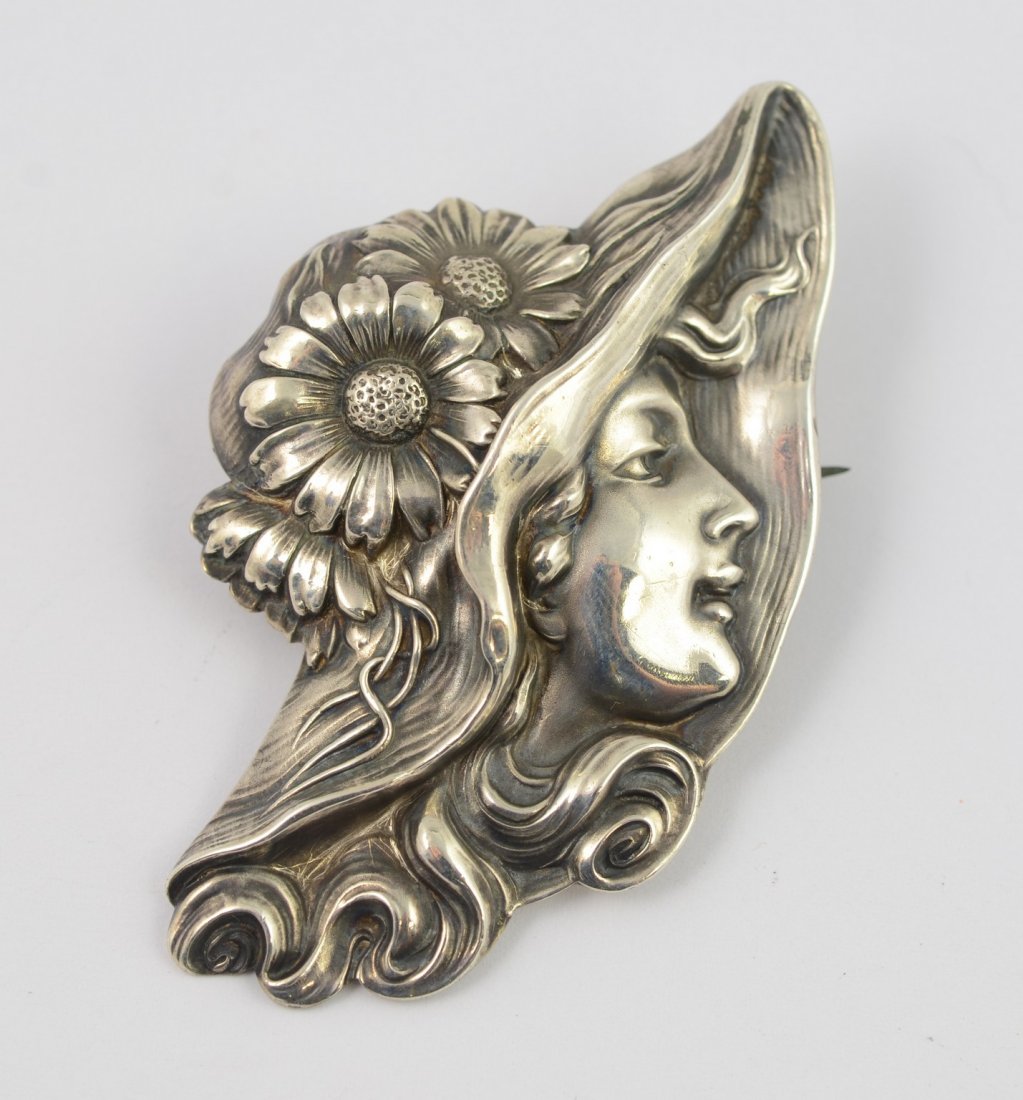 Unger Bros sterling silver Art Nouveau brooch, profile: Unger Bros sterling silver Art Nouveau brooch, profile lady with hat, marked July 7 1903, 2-3/4" x 1-5/8", .465